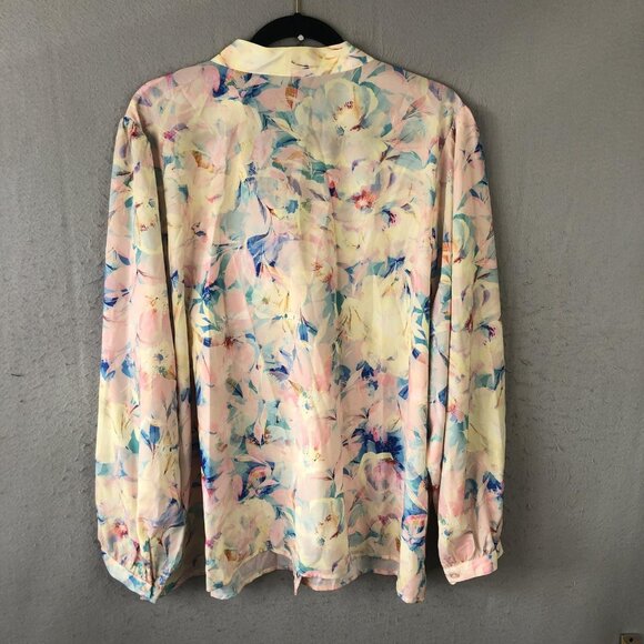 Eloquii Blouse Womens 24 Floral Tie Neck Bow Long Sleeve Button Front Plus Size - Picture 2 of 16